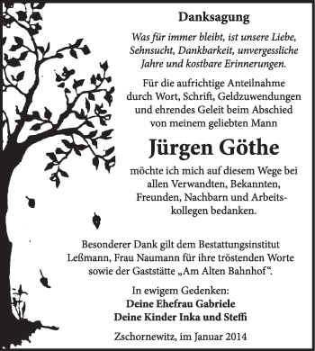 Traueranzeige von Jürgen Göthe von WVG - Wochenspiegel Wittenberg