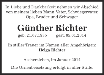 Traueranzeige von Günther Richter von Super Sonntag Aschersleben