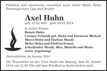 Traueranzeige von Axel Huhn von Super Sonntag Aschersleben