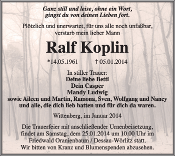 Traueranzeige von Ralf Koplin von WVG - Wochenspiegel Wittenberg