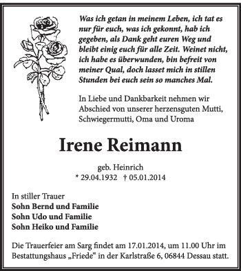 Traueranzeige von Irene Reimann von Super Sonntag Dessau / Köthen