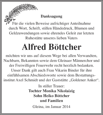 Traueranzeige von Alfred Böttcher von WVG - Wochenspiegel NMB / WSF / ZTZ