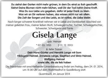 Traueranzeige von Gisela Lange von WVG - Wochenspiegel Quedlinburg