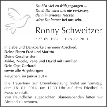 Traueranzeige von Ronny Schweitzer von WVG - Wochenspiegel Merseburg