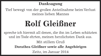 Traueranzeige von Rolf Gleißner von Super Sonntag Zeitz