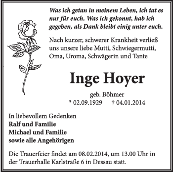Traueranzeige von Inge Hoyer von Super Sonntag Dessau / Köthen