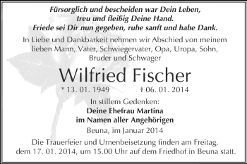 Traueranzeige von Wilfried Fischer von WVG - Wochenspiegel Merseburg