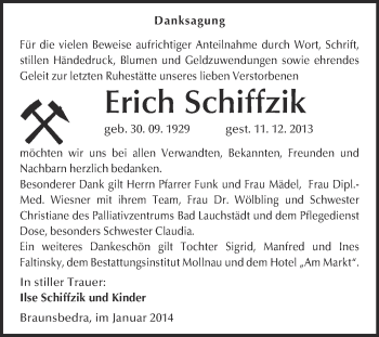 Traueranzeige von Erich Schiffzik von WVG - Wochenspiegel Merseburg