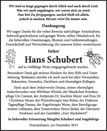 Traueranzeige von Hans Schubert von Super Sonntag Dessau / Köthen