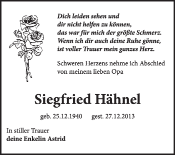 Traueranzeige von Siegfried Hähnel von Super Sonntag Wittenberg