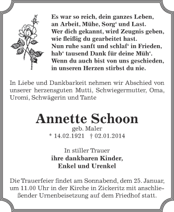 Traueranzeige von Annette Schoon von Super Sonntag Bernburg