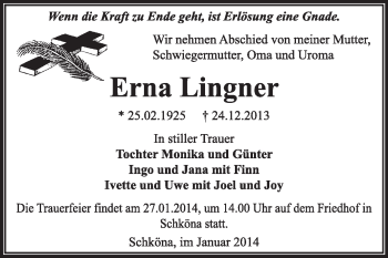 Traueranzeige von Erna Lingner von WVG - Wochenspiegel Wittenberg