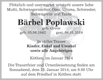Traueranzeige von Bärbel Poplawski von WVG - Wochenspiegel Dessau / Köthen