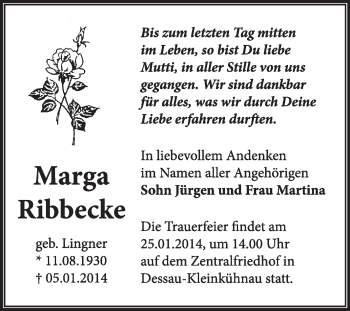 Traueranzeige von Marga Ribbecke von Super Sonntag Dessau / Köthen