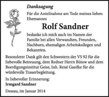 Traueranzeige von Rolf Sandner von Super Sonntag Dessau / Köthen