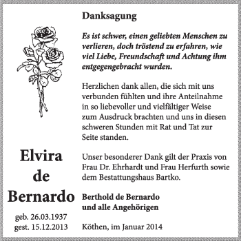 Traueranzeige von Elvira de Bernardo von Super Sonntag Dessau / Köthen