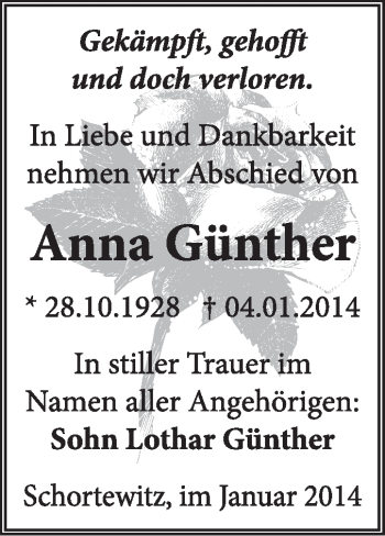 Traueranzeige von Anna Günther von Super Sonntag Dessau / Köthen