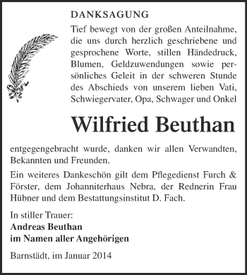 Traueranzeige von Wilfried Beuthan von WVG - Wochenspiegel Merseburg