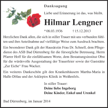 Traueranzeige von Hilmar Lengner von Super Sonntag Merseburg