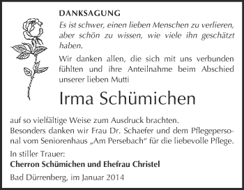 Traueranzeige von Irma Schümichen von Super Sonntag Merseburg