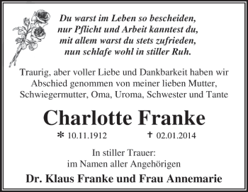 Traueranzeige von Charlotte Franke von Super Sonntag Dessau / Köthen