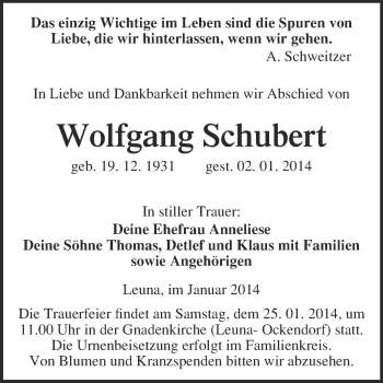 Traueranzeige von Wolfgang Schubert von WVG - Wochenspiegel Merseburg