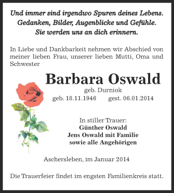 Traueranzeige von Barbara Oswald von Super Sonntag Aschersleben