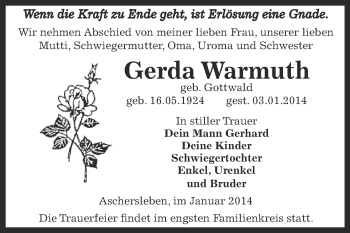 Traueranzeige von Gerda Warmuth von Super Sonntag Aschersleben