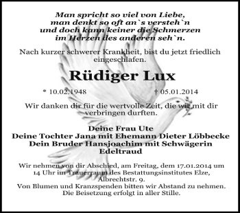 Traueranzeige von Rüdiger Lux von Super Sonntag Dessau / Köthen
