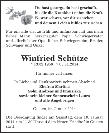 Traueranzeige von Winfried Schütze von Super Sonntag Bernburg