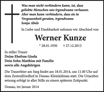 Traueranzeige von Werner Kunze von Super Sonntag Dessau / Köthen