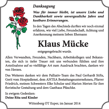 Traueranzeige von Klaus Mücke von Super Sonntag Wittenberg