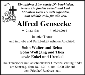Traueranzeige von Alfred Gensecke von Super Sonntag Dessau / Köthen