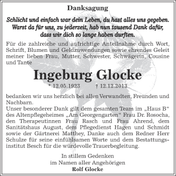 Traueranzeige von Ingeburg Glocke von WVG - Wochenspiegel Dessau / Köthen