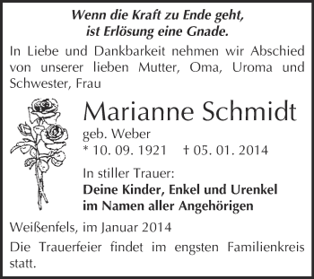 Traueranzeige von Marianne Schmidt von WVG - Wochenspiegel NMB / WSF / ZTZ