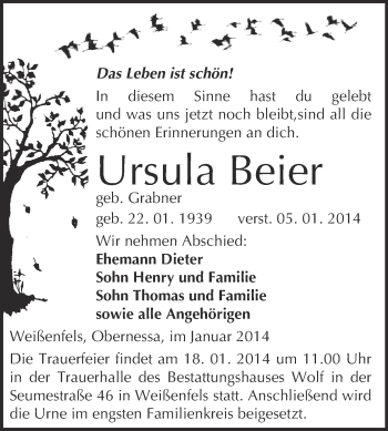 Traueranzeige von Ursula Beier von WVG - Wochenspiegel NMB / WSF / ZTZ