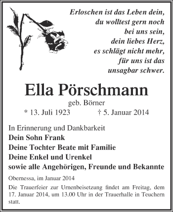 Traueranzeige von Ella Pörschmann von WVG - Wochenspiegel NMB / WSF / ZTZ