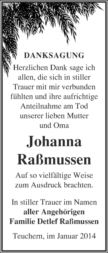 Traueranzeige von Johanna Raßmussen von WVG - Wochenspiegel NMB / WSF / ZTZ