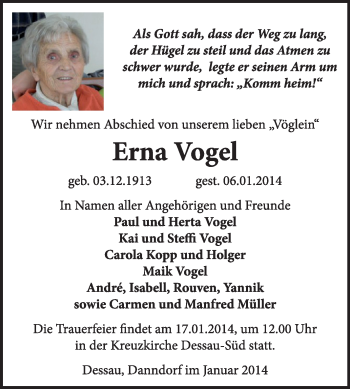 Traueranzeige von Erna Vogel von Super Sonntag Dessau / Köthen