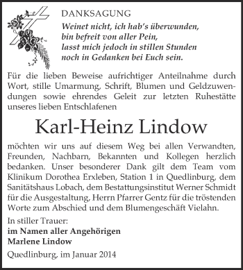 Traueranzeige von Karl-Heinz Lindow von WVG - Wochenspiegel Quedlinburg