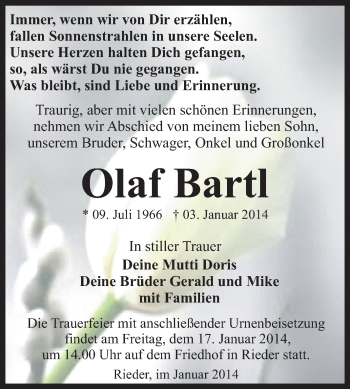 Traueranzeige von Olaf Bartl von WVG - Wochenspiegel Quedlinburg