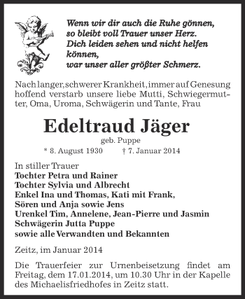 Traueranzeige von Edeltraud Jäger von Super Sonntag Zeitz