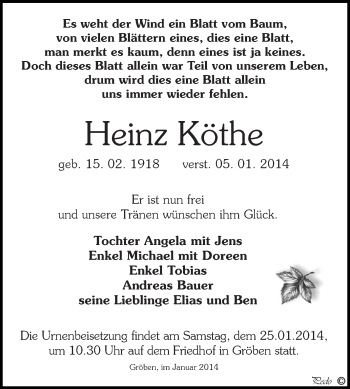 Traueranzeige von Heinz Köthe von Super Sonntag Zeitz