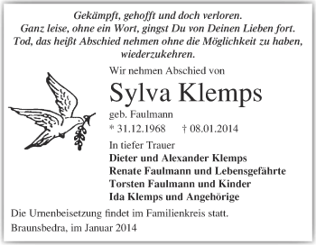 Traueranzeige von Sylva Klemps von Super Sonntag Merseburg