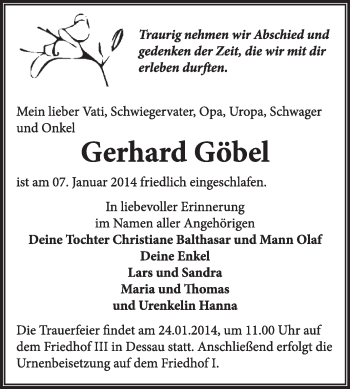 Traueranzeige von Gerhard Göbel von Super Sonntag Dessau / Köthen