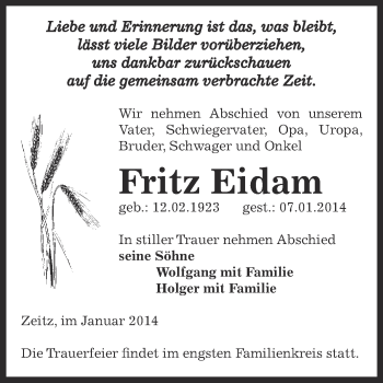 Traueranzeige von Fritz Eidam von Super Sonntag Zeitz