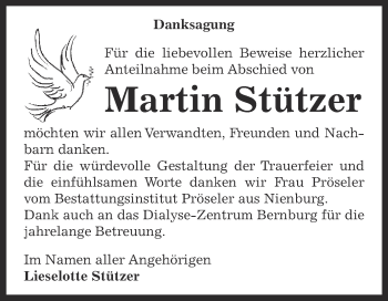 Traueranzeige von Martin Stützer von Super Sonntag Bernburg