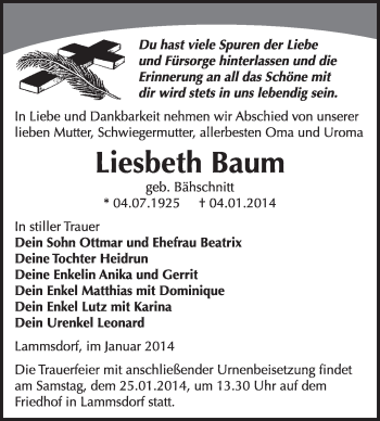 Traueranzeige von Liesbeth Baum von WVG - Wochenspiegel Wittenberg