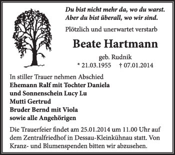 Traueranzeige von Beate Hartmann von Super Sonntag Dessau / Köthen