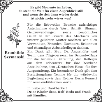 Traueranzeige von Brunhilde Szymanski von WVG - Wochenspiegel Bitterfeld